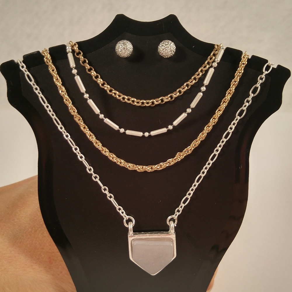 Necklace earring set silver gold 4-row grey stone